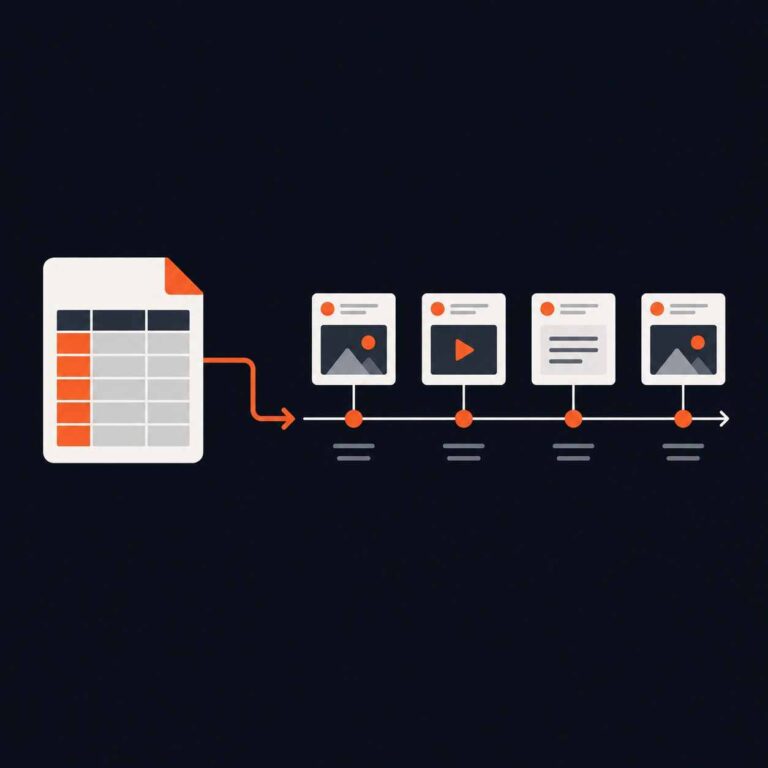 Bulk upload drip schedule showing a spreadsheet feeding scheduled posts over time